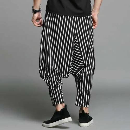 Mens Casual Loose Elastic Waist Pockets Harem Pants