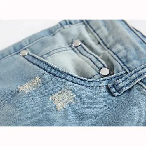 Mens Holes Fashion Casual Straight Legs Jeans Vintage Light Blue Denim Pants