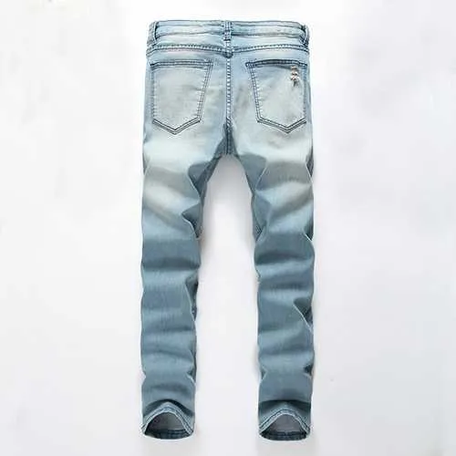 Mens Holes Fashion Casual Straight Legs Jeans Vintage Light Blue Denim Pants