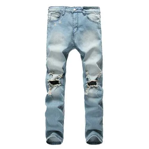 Mens Holes Fashion Casual Straight Legs Jeans Vintage Light Blue Denim Pants