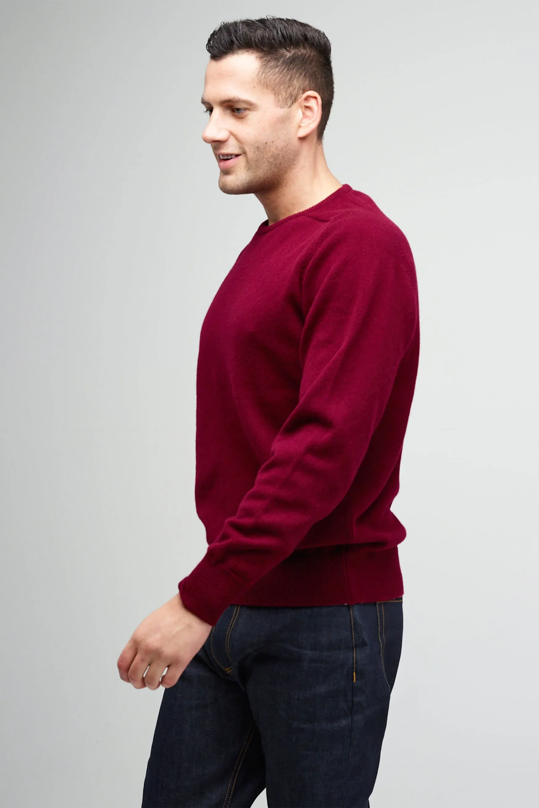 Men's Lambswool Saddle Shoulder Crew Neck - Burgundy