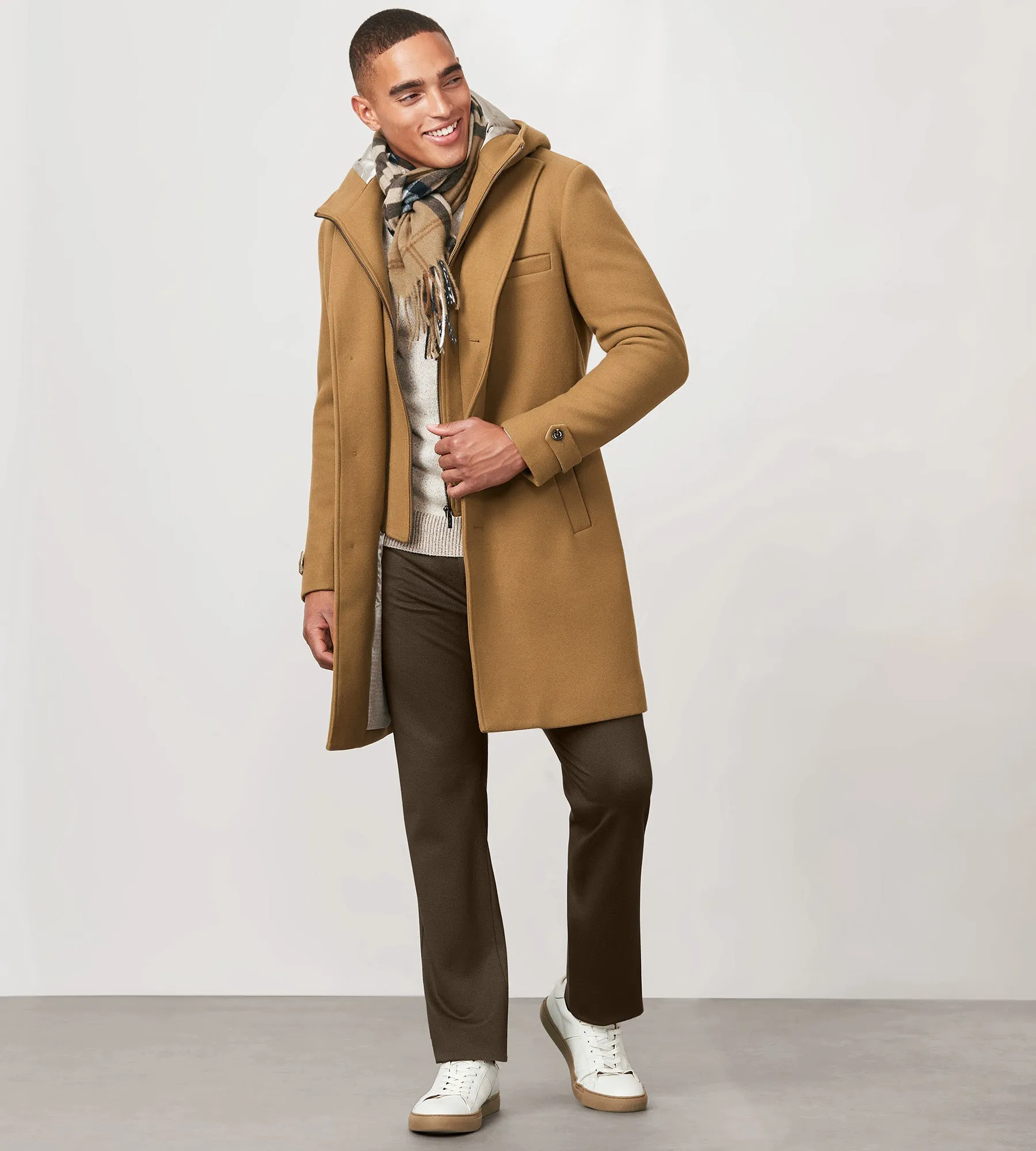 Modern Fit 4-Way Stretch Wool Coat with Removable Hood