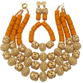 New Nigerian Traditional African Wedding Necklace Gold Artificial Coral Beads Jewelry Set for Women ACB-04