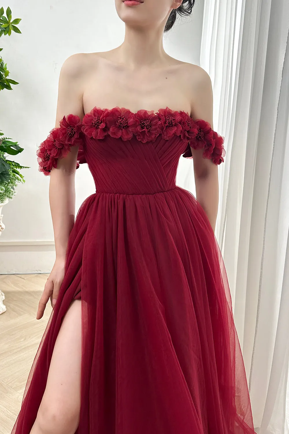 Off the shoulder with flowers Corset Long Dress with side slit