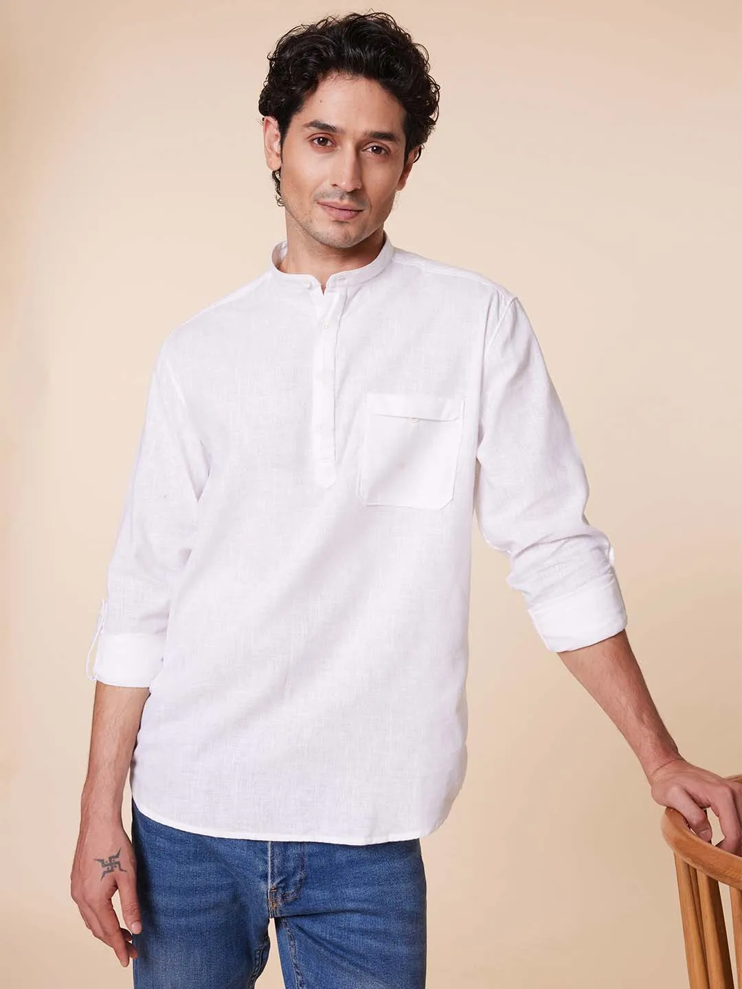 Patch Pocket Mandarin Kurta Style White Shirt - Root In