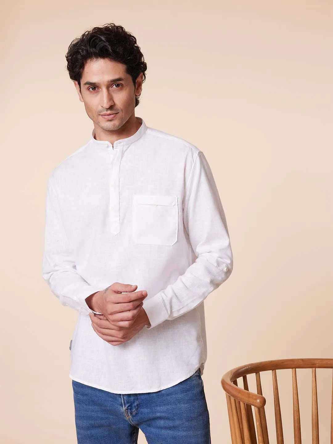 Patch Pocket Mandarin Kurta Style White Shirt - Root In