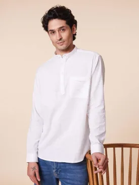 Patch Pocket Mandarin Kurta Style White Shirt - Root In