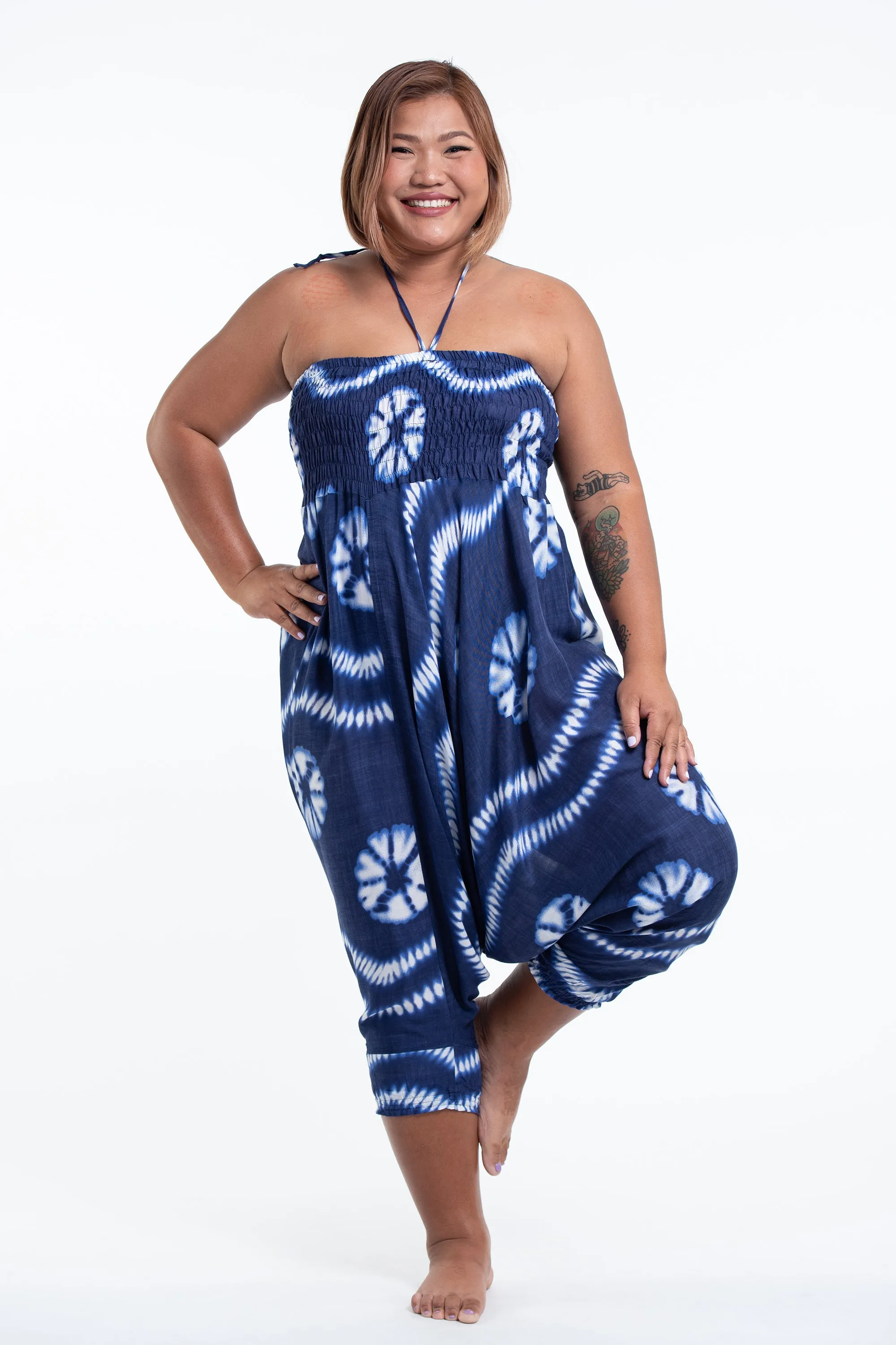 Plus Size Tie Dye 2-in-1 Jumpsuit Harem Pants in Indigo