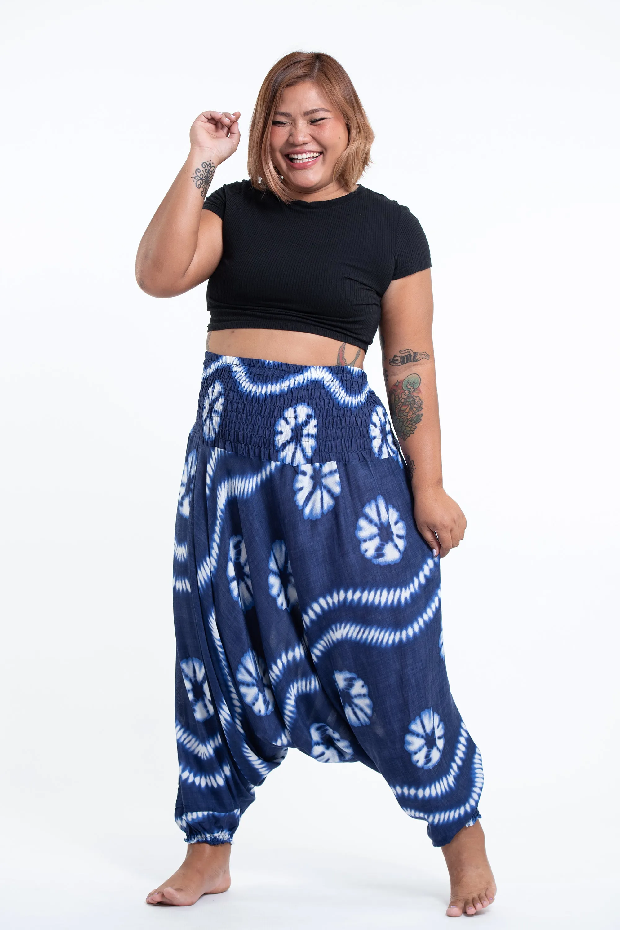 Plus Size Tie Dye 2-in-1 Jumpsuit Harem Pants in Indigo