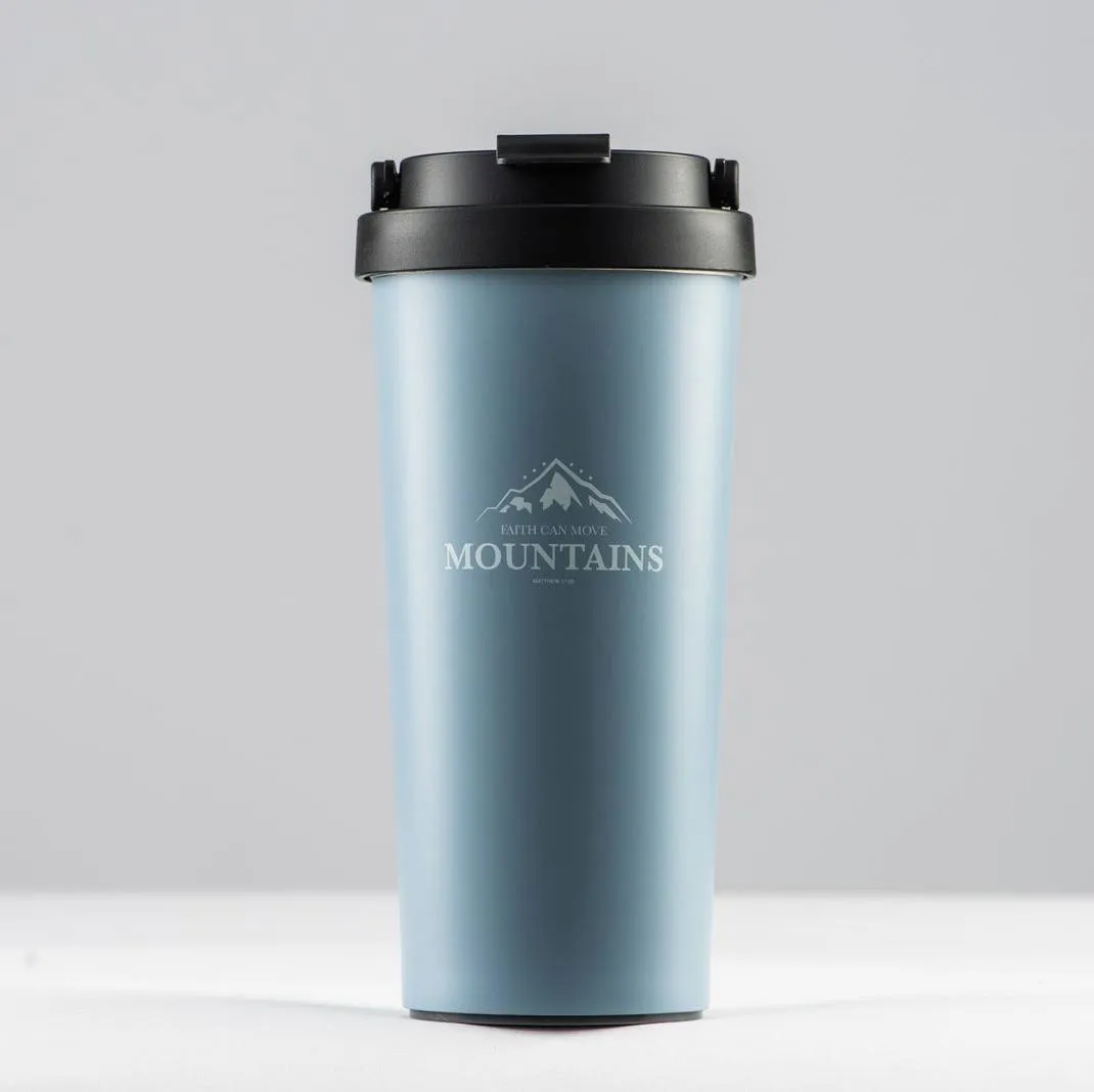 "Faith can move mountains-Matthew 17:20" Coffee cup, stainless steel insulated mug, non-tipping bottom suction cup