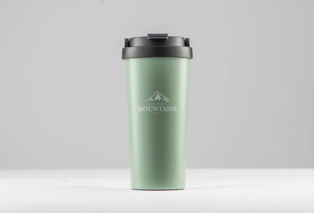 "Faith can move mountains-Matthew 17:20" Coffee cup, stainless steel insulated mug, non-tipping bottom suction cup