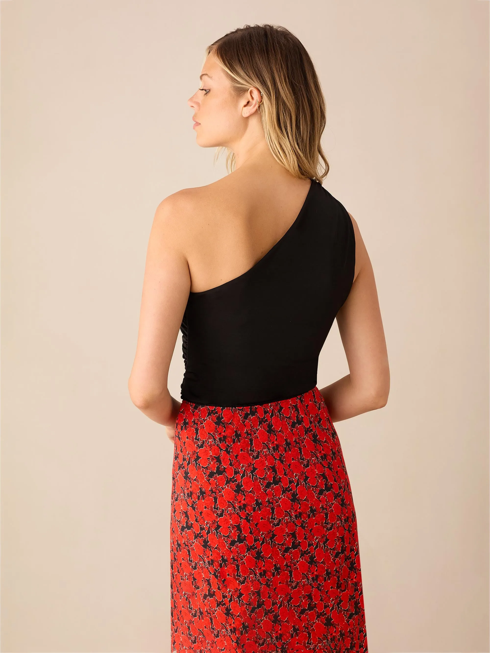 Red Blurred Floral Print Bias Cut Maxi Skirt