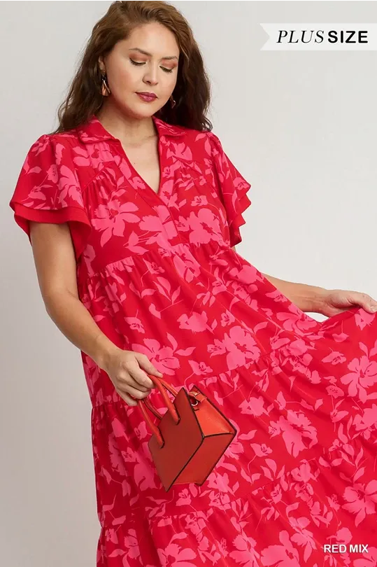 Red/Pink Floral Midi Dress