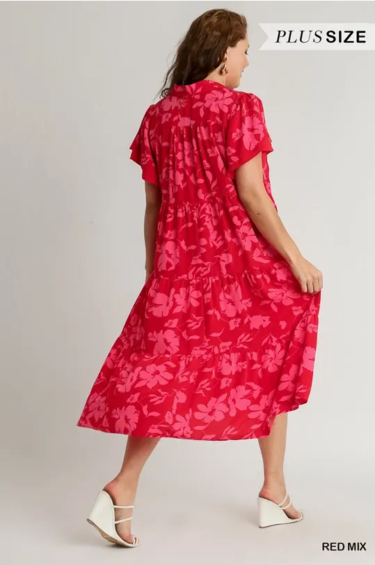 Red/Pink Floral Midi Dress