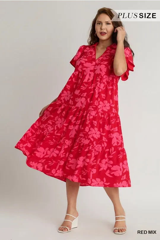 Red/Pink Floral Midi Dress