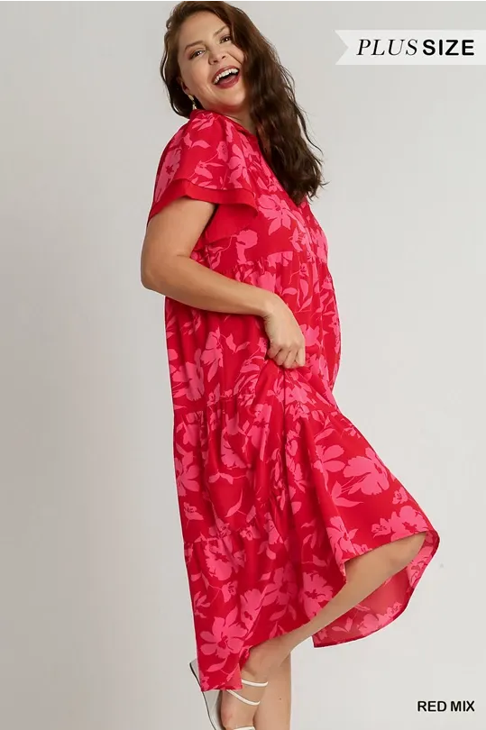 Red/Pink Floral Midi Dress