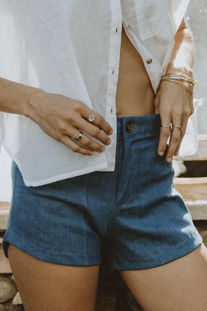 Retro Pocket Shorts - Blue Chambray Twill