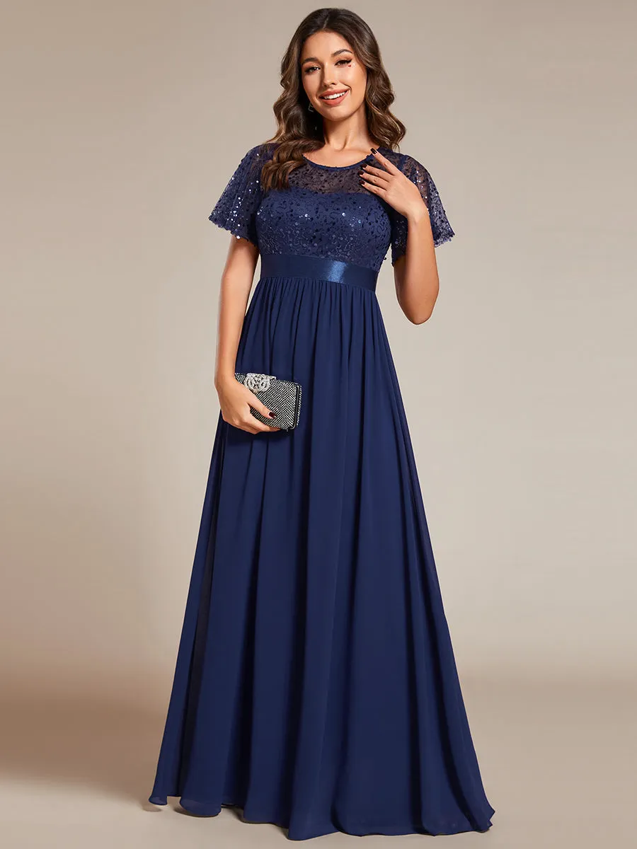 Round-Neck Sequin Chiffon High Waist Formal Evening Dress With Short Sleeves