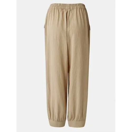 Solid Color Elastic Waist Loose Pants