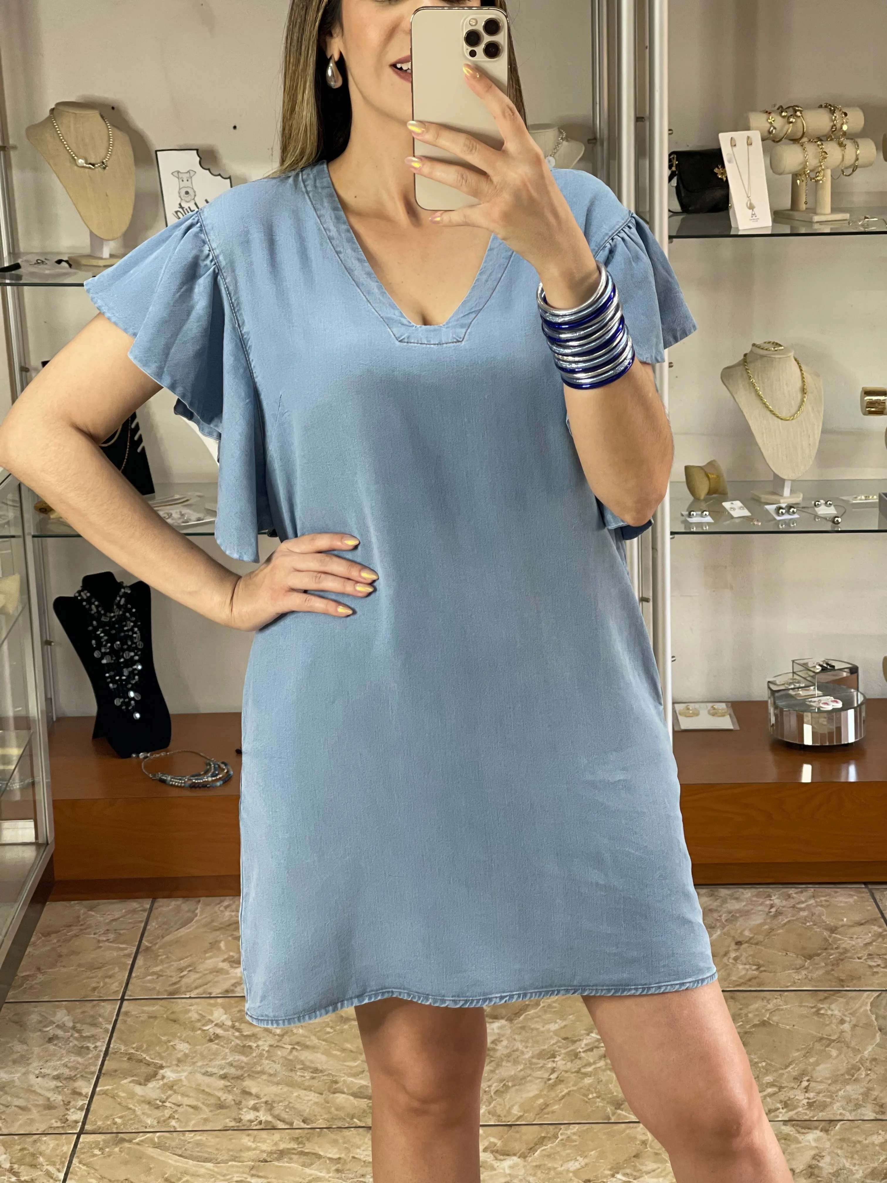 V-Neck Denim Mini Dress