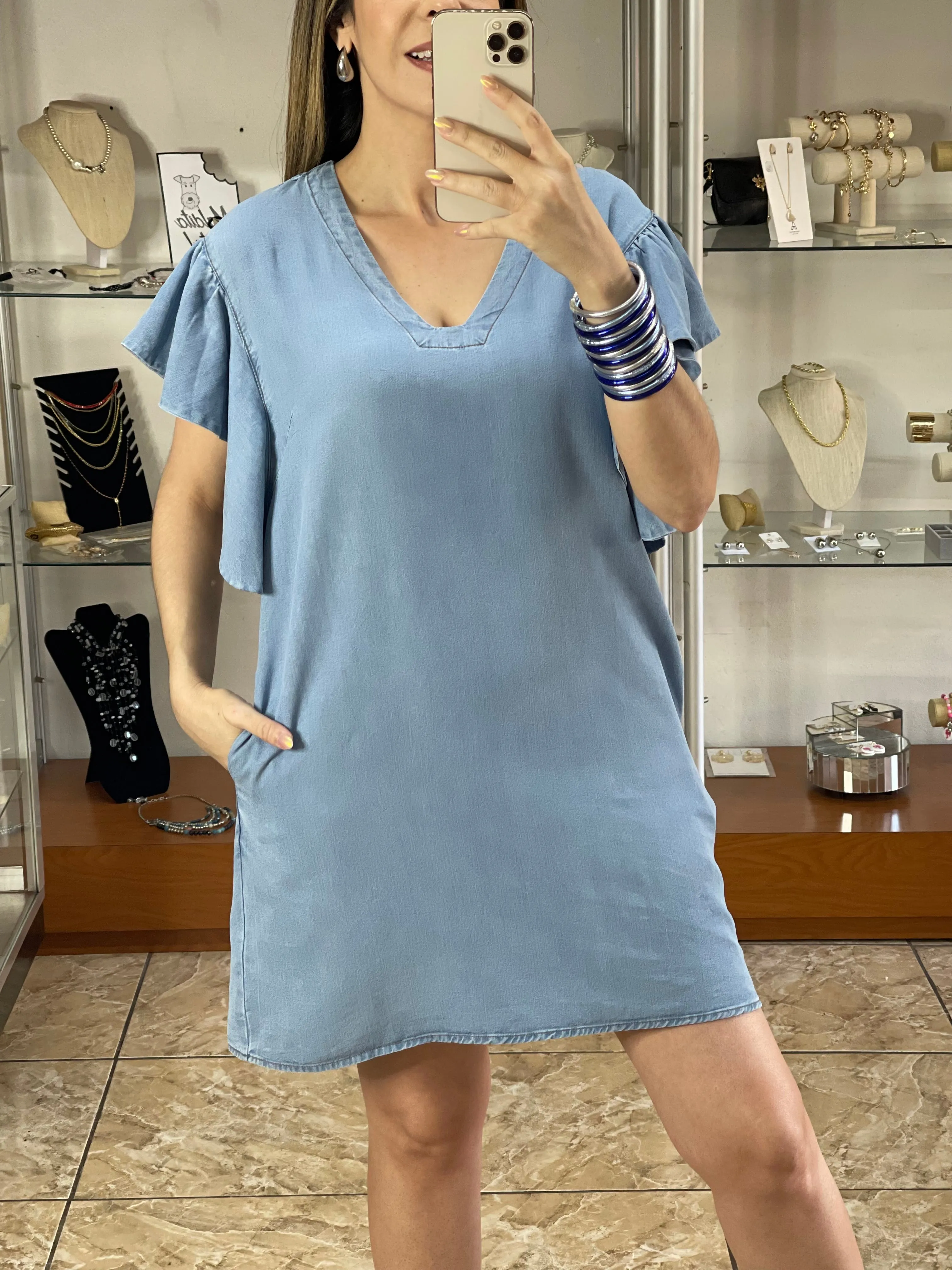 V-Neck Denim Mini Dress